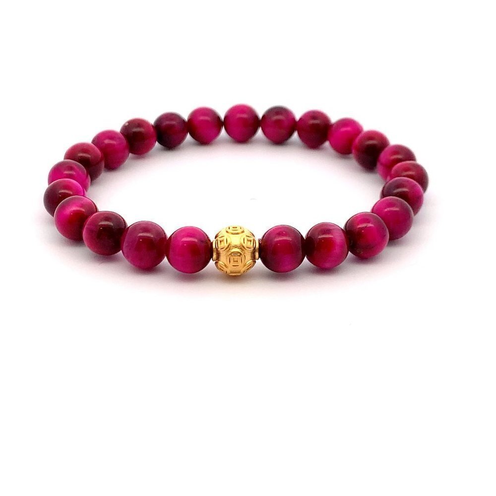 24k Gold Money Coin Ball Lucky Charm Bracelet Gemstones Pink Tiger's Eye 6.5"